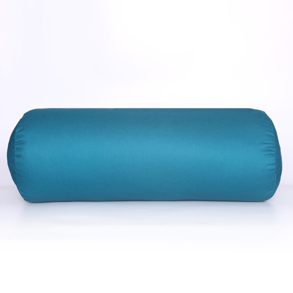 Round yoga bolster with a peacock microfibre cover