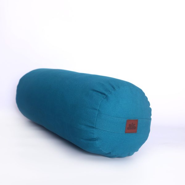 Round yoga bolster with a peacock microfibre cover