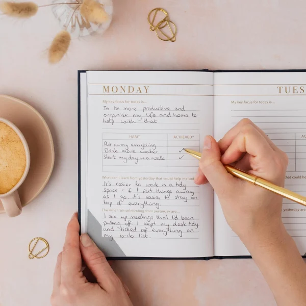 Hand filling in the habit tracker on the Monday page of the Habit Notes journal