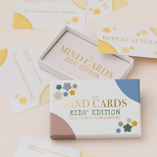 Mind Cards: Kids Edition box with its lid off and cards around it