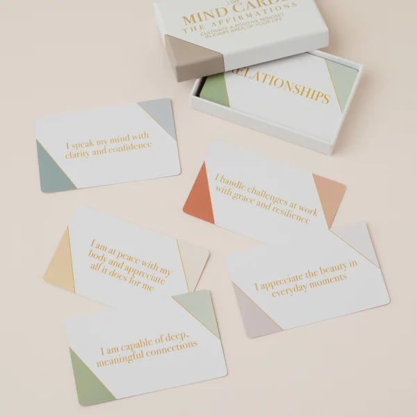 Open Mind Cards: The Affirmations box with five affirmation cards beside it