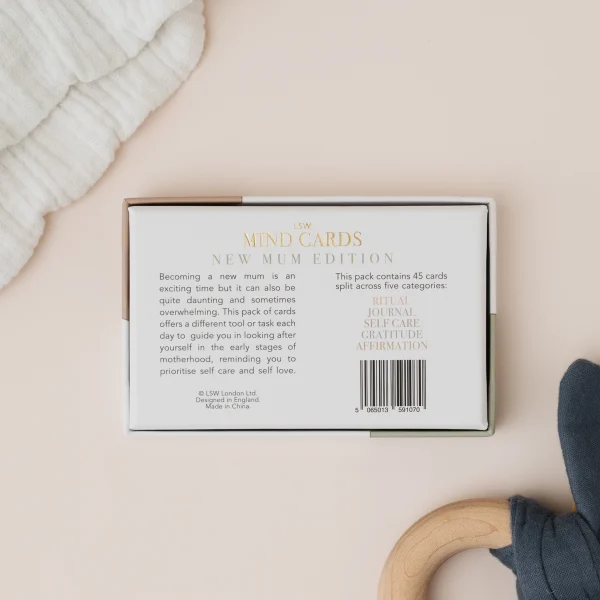 Back of the Mind Cards: New Mum Edition box listing the five categories